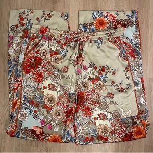 Attitudes by Renee Paisley Floral Print Satin Wide Leg Pant Tan Orange Large